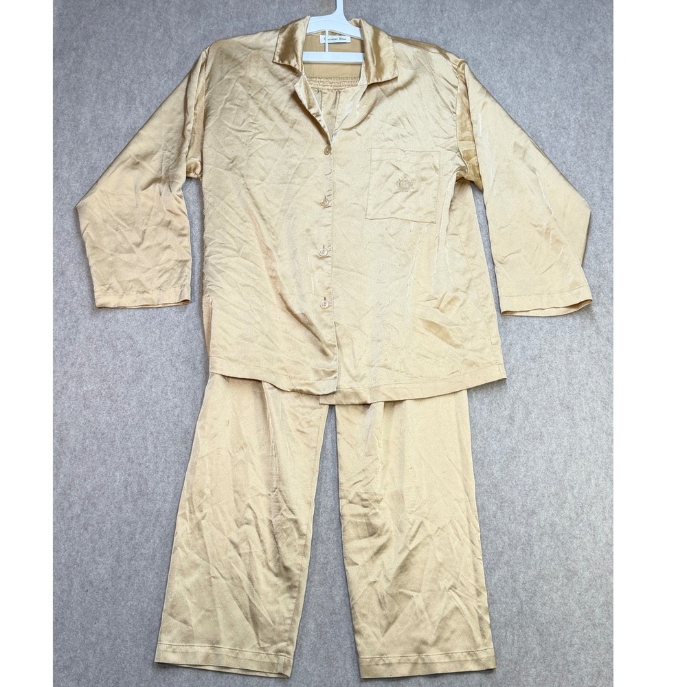 Vintage Christian Dior Pajama Set Women L Gold Luxury Old Money Loungewear Fair